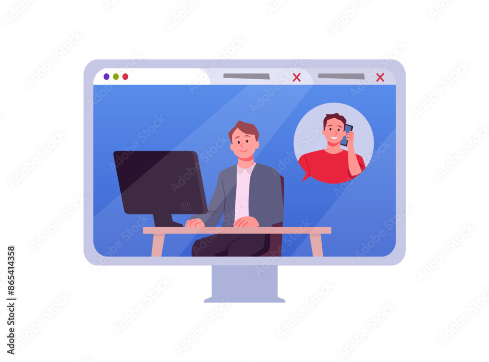 Vector illustration of an online call with a client of a call center specialist Vector illustration of an online call with a client of a call center specialist