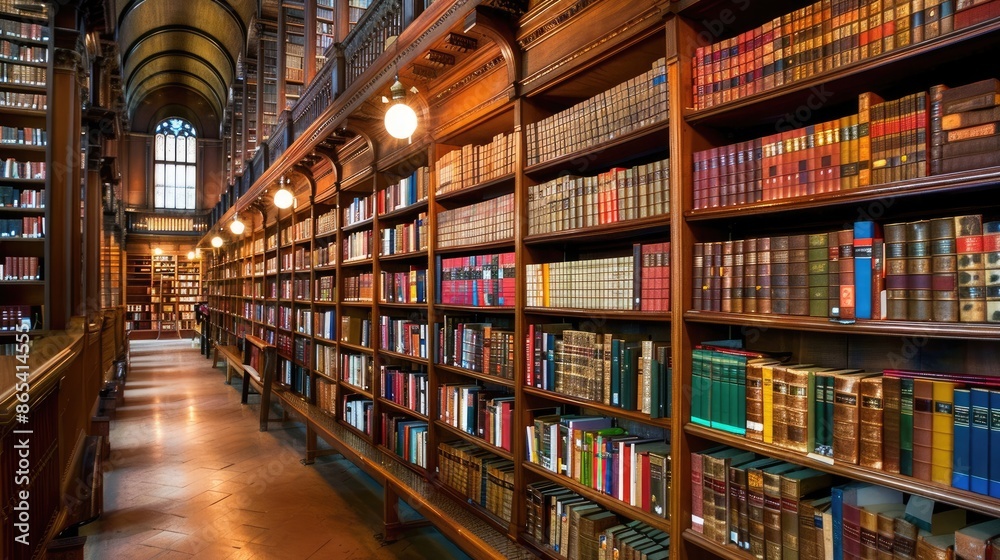 Organized bookshelves in a library, presenting a harmonious display of knowledge and learning in a serene environment Organized bookshelves in a library, presenting a harmonious display of knowledge and learning in a serene environment