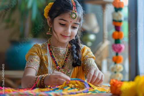Joyful celebration of Raksha Bandhan with a smiling girl in traditional attire surrounded by colorful rakhis. Perfect for festive, cultural, and family bonding themes photo