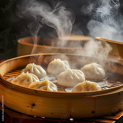 Close-up of a steaming Tangbao- traditional Chinese dumplings, dough revealing the soup inside, placed on a traditional bamboo steamer photo