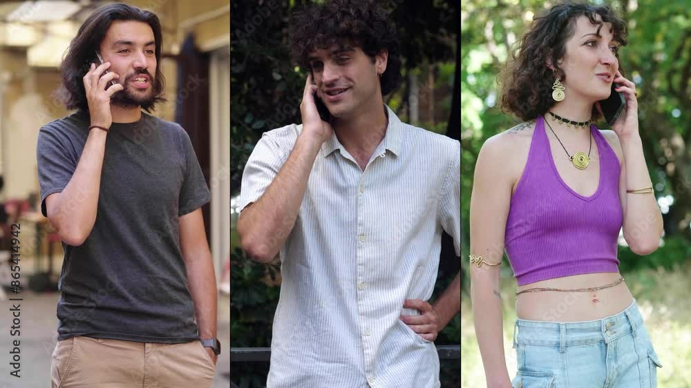 Multiscreen display featuring two young men and one young woman, all around 25 years old, engaged in phone conversations. Their expressions show focus and engagement.