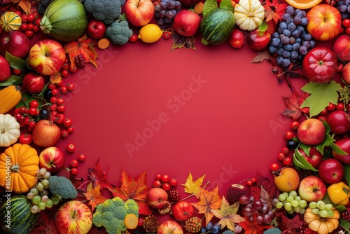 Colorful autumn fruits and vegetables arranged in a frame on a red background, featuring pumpkins, grapes, and apples.