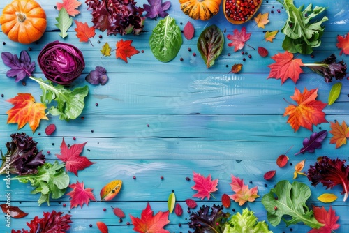 Colorful autumn leaves and vegetables on a blue wooden background, perfect for seasonal and harvest-themed projects. photo