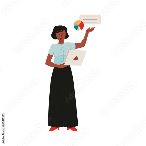 Vector illustration depicting an energetic young marketing specialist girl with a headset and laptop
