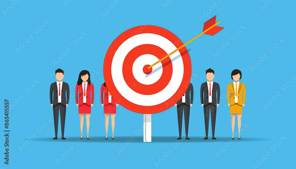 Business team standing beside a target with an arrow hitting the bullseye, symbolizing goal achievement and success in a corporate environment. Business team standing beside a target with an arrow hitting the bullseye, symbolizing goal achievement and success in a corporate environment.