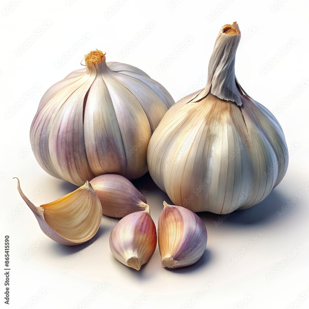 Obraz premium Fresh whole garlic bulbs and cloves with light brown skin, showcasing detailed textures and natural shapes. 3D Render.