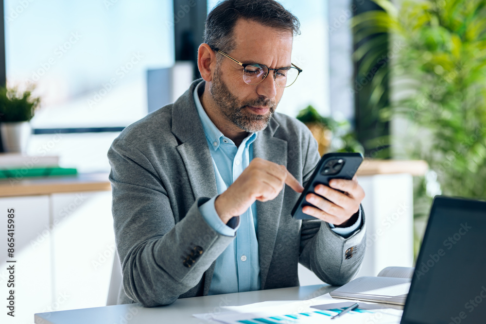 Elegant mature businessman using mobile phone while working with computer in his office in a modern startup. Elegant mature businessman using mobile phone while working with computer in his office in a modern startup.