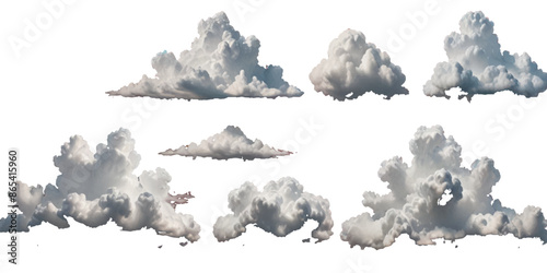 Set of vector clouds or smoke on an isolated transparent background. Vector realistic white soft cutout clean cumulus cloudscape cut out specials fog on transparent background.