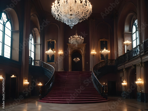 Dark staircase or stairs Large hall and crystal chandelier Copy space