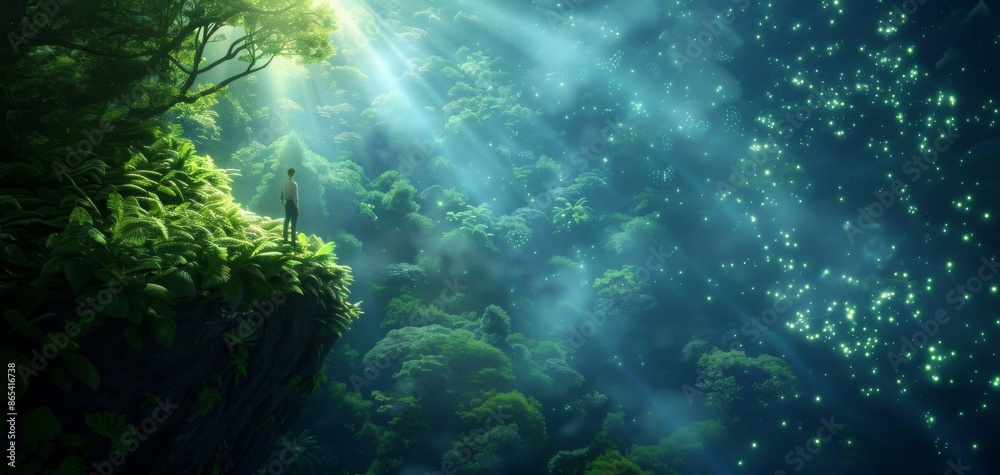 Sunbeams pierce through a lush, green forest canopy. Sunbeams pierce through a lush, green forest canopy.