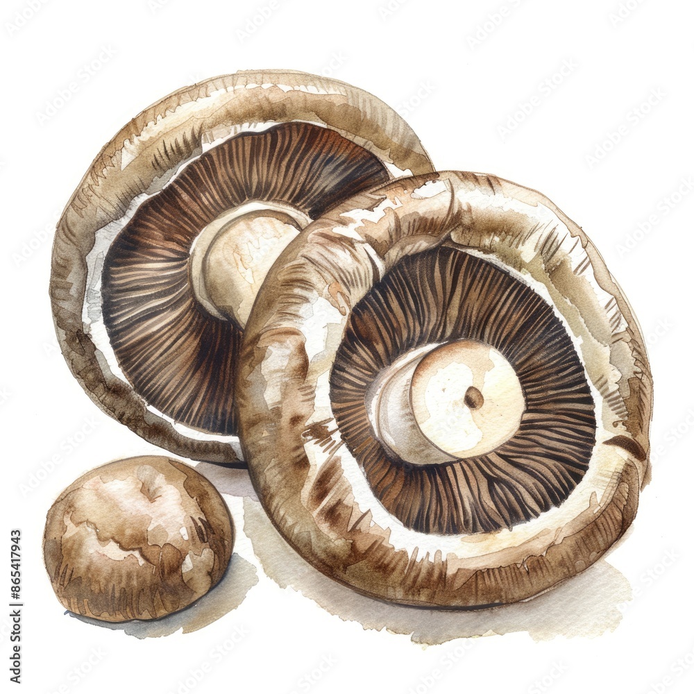 Fresh Japanese Shiitake Mushroom with Herbs. Watercolor Food Illustration on White Background. Fresh Japanese Shiitake Mushroom with Herbs. Watercolor Food Illustration on White Background.