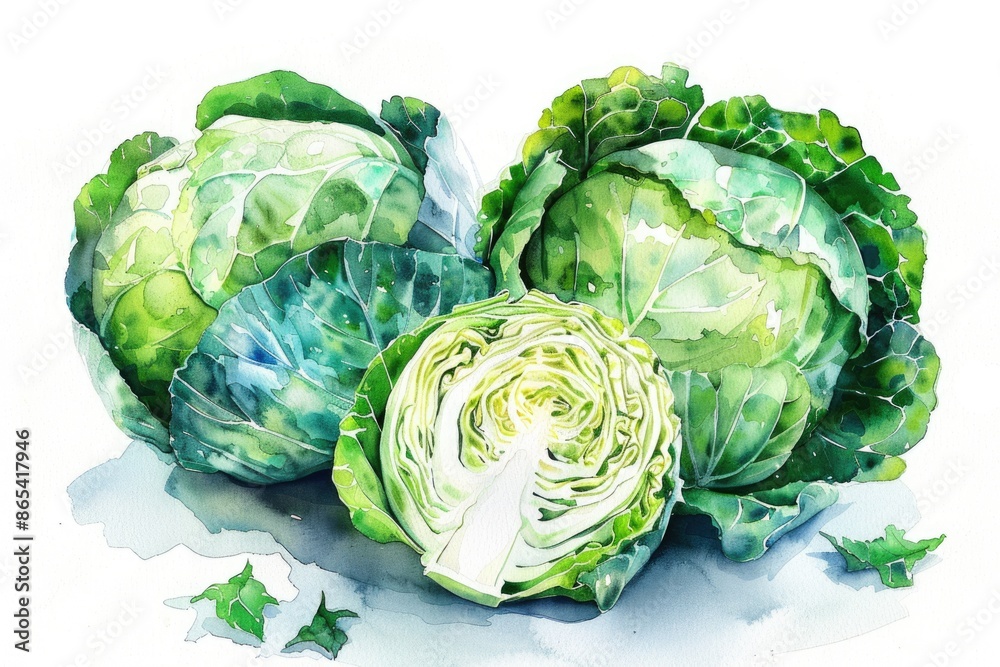 Fototapeta premium Fresh Green Cabbage, Watercolour Hand-drawn Illustration on White Background