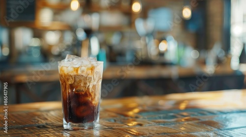 Icy coffee placed on a wooden table at a cafe Chilled beverage idea