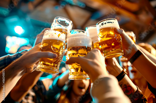 group of friends raising their beer mugs in a toast at Oktoberfest event