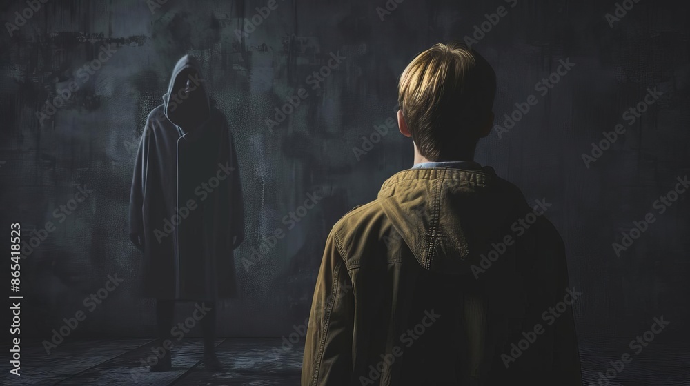 Harassment Intimidation Intimidation A person facing a threatening figure, muted dark colors Harassment Intimidation Intimidation A person facing a threatening figure, muted dark colors