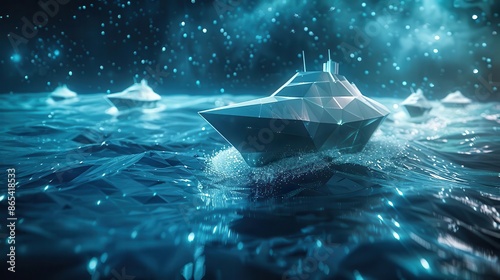Futuristic naval fleet sailing under a starry sky, showcasing advanced ships navigating through digital water. photo