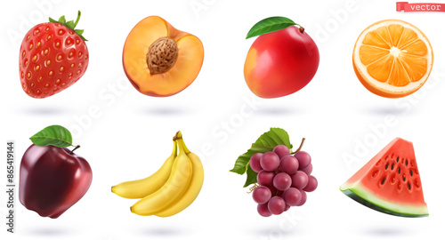 Fruits and berries, high quality realistic vector set. Strawberry, peach, mango, orange, apple, banana, grapes, watermelon