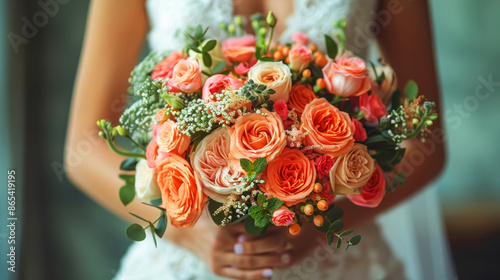 Bride holding a beautiful bouquet of peach and pink roses mixed with greenery, close-up shot emphasizing the floral arrangement. photo