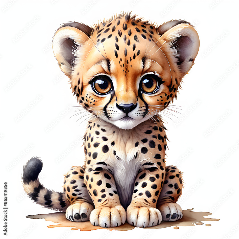 Watercolor clip art a cute baby cheetah on a white isolated background Watercolor clip art a cute baby cheetah on a white isolated background