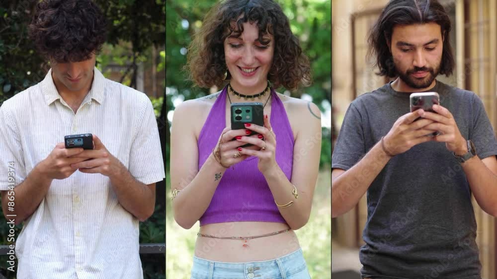Multiscreen display featuring two young men and one young woman, all around 25 years old, texting on their smartphones. The images capture their focus and engagement with their devices.