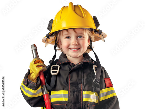 little firefighter boy with tools on transparent background smiling at camera