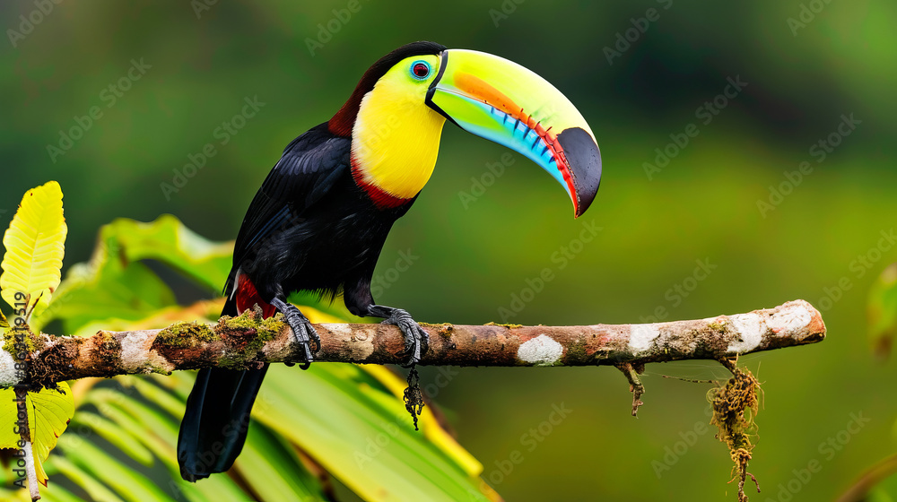 Keel-billed Toucan perched on a branch with vibrant green and red feathers, showcasing its iconic colorful beak in a lush tropical setting Keel-billed Toucan perched on a branch with vibrant green and red feathers, showcasing its iconic colorful beak in a lush tropical setting