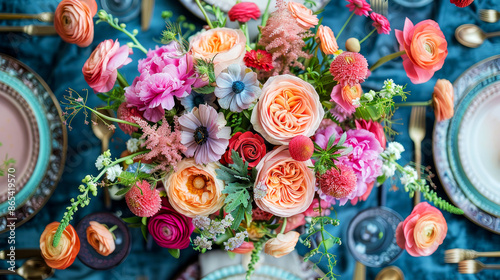 Overhead view of a vibrant floral arrangement on a table, featuring a mix of colorful flowers including roses, anemones, and ranunculus. photo