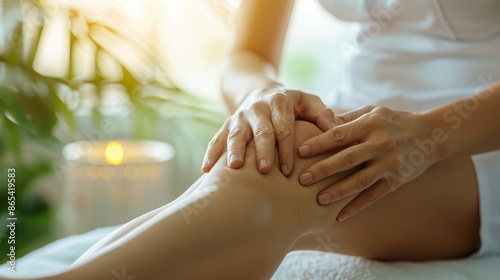 Wallpaper Mural A woman in a spa setting is seen massaging her knee with her hands. Her leg is relaxed and she appears to be enjoying the self-care moment. Torontodigital.ca