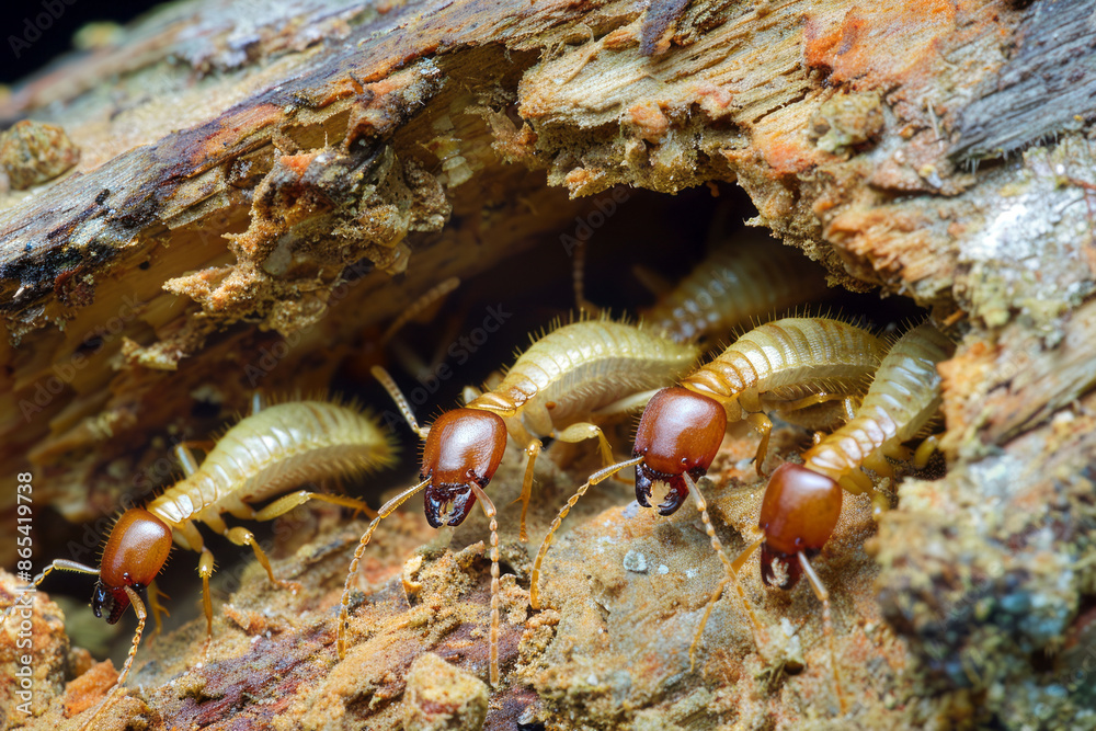 Termite colony inside a wooden log with detailed view of soldier termites and their intricate habitat. Termite colony inside a wooden log with detailed view of soldier termites and their intricate habitat.