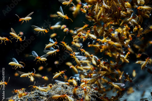 Swarm of flying termites emerging from a nest, captured in detailed motion showing their wings and bodies. photo