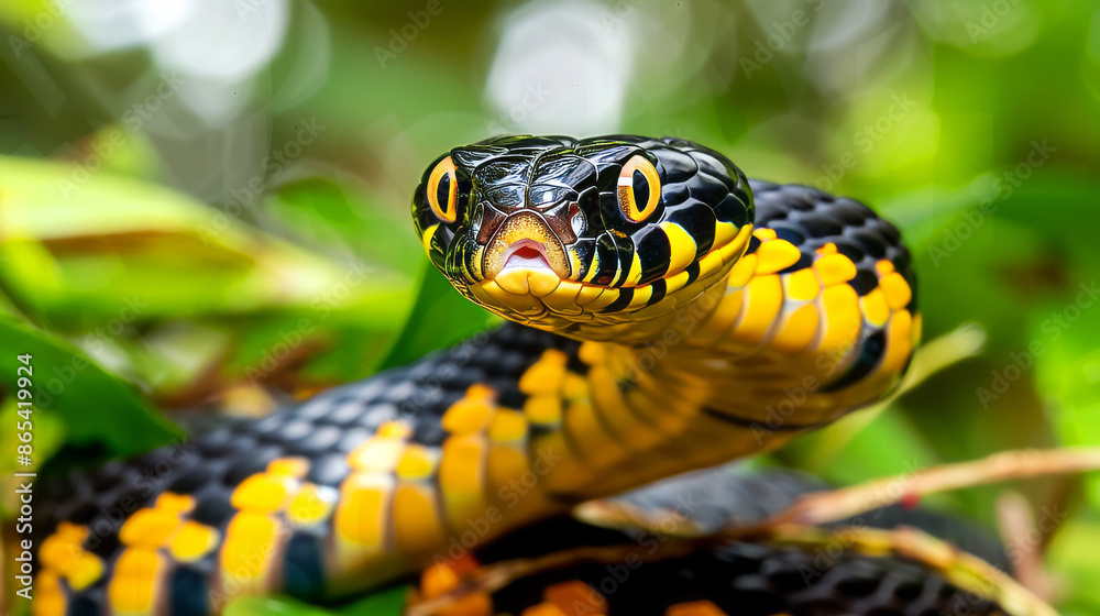 Close-up of a vibrant yellow-ringed Boiga snake with its tongue out, set against lush green foliage, showcasing its striking colors and patterns Close-up of a vibrant yellow-ringed Boiga snake with its tongue out, set against lush green foliage, showcasing its striking colors and patterns
