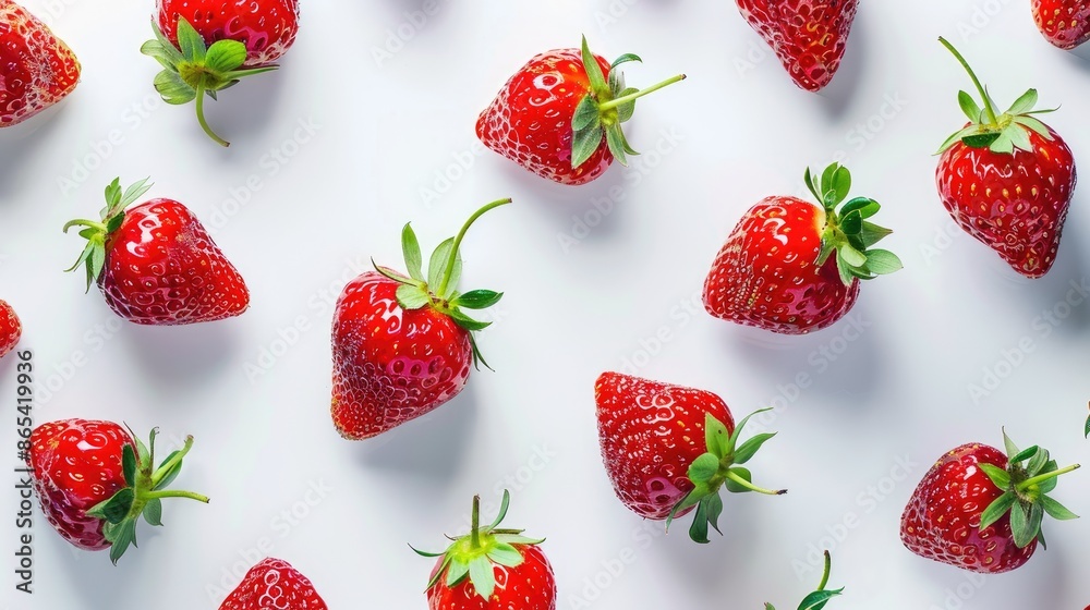 Ripe strawberries displayed on a serene white background, accentuating their natural beauty and irresistible appeal Ripe strawberries displayed on a serene white background, accentuating their natural beauty and irresistible appeal