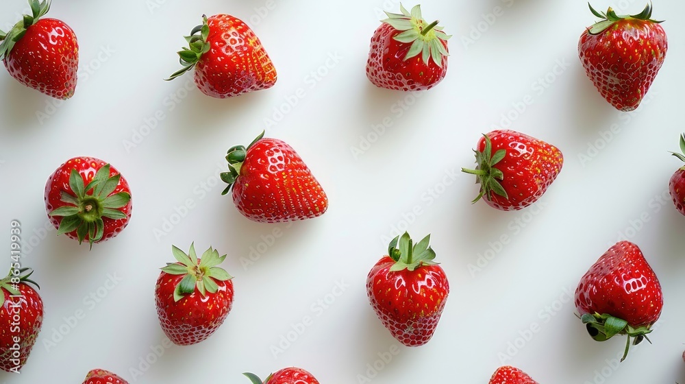 Ripe strawberries displayed on a serene white background, accentuating their natural beauty and irresistible appeal Ripe strawberries displayed on a serene white background, accentuating their natural beauty and irresistible appeal