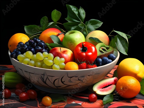 vibrant illustration of a bowl brimming with a cascade of fresh fruits and vegetables photo