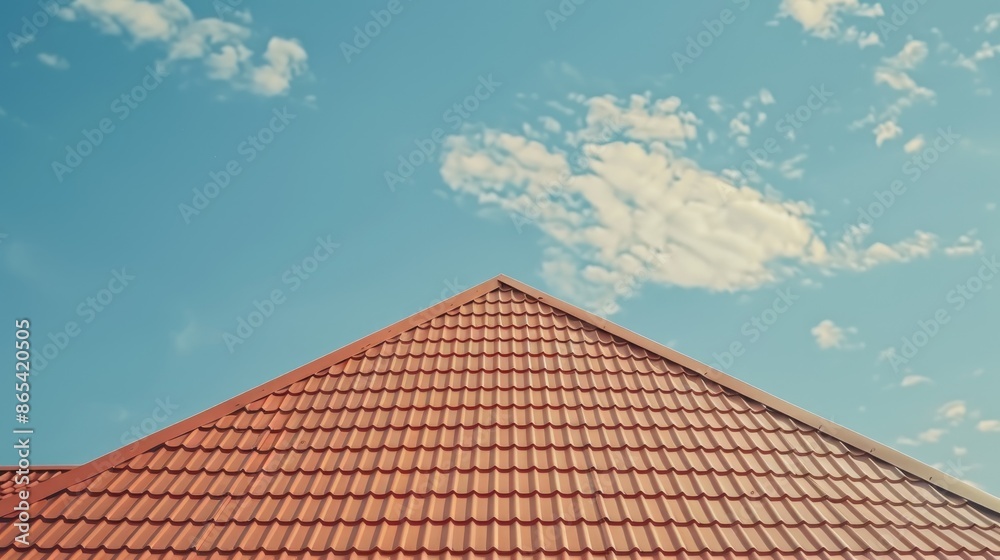 Metal brown roof on house against blue sky copy space Metal brown roof on house against blue sky copy space