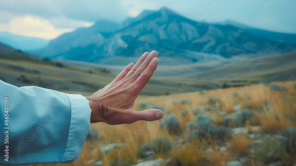 Open hand reaching towards the viewer, palm up, against a backdrop of majestic mountains. The person is dressed in light blue, evoking a sense of reverence or offering. Open hand reaching towards the viewer, palm up, against a backdrop of majestic mountains. The person is dressed in light blue, evoking a sense of reverence or offering.