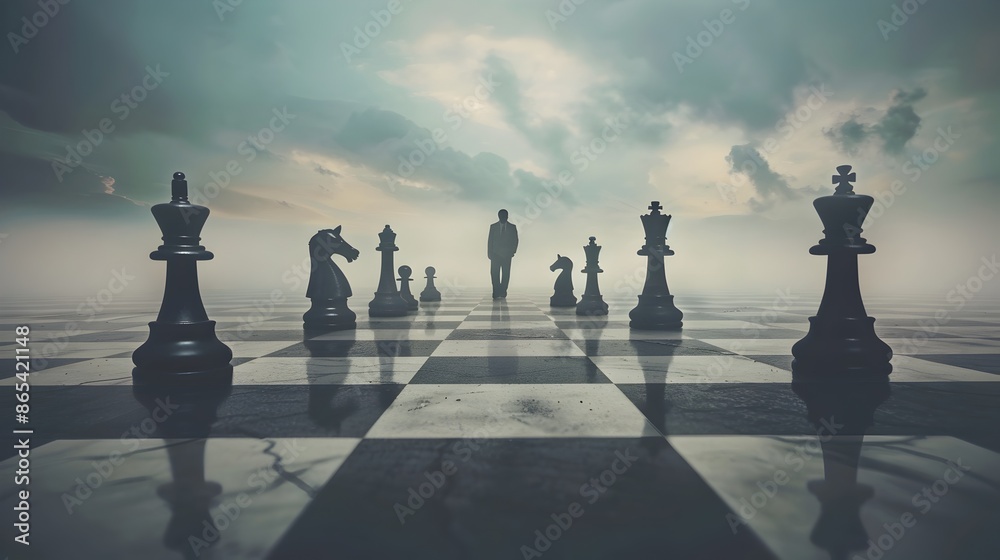 Surreal Corporate Chess Game with Giant Pieces and Businesspeople as Pawns Surreal Corporate Chess Game with Giant Pieces and Businesspeople as Pawns