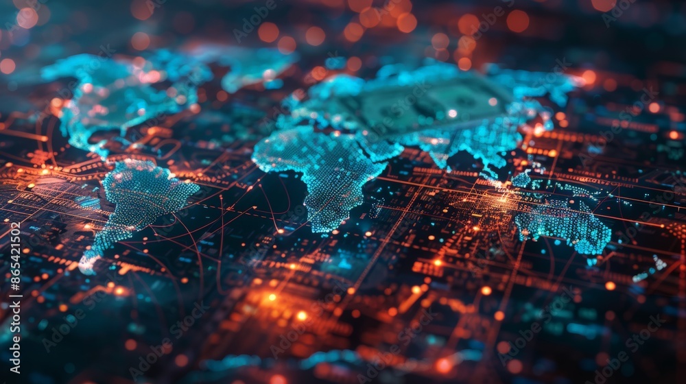 Fototapeta premium Global Digital Finance Network with Neon Lights