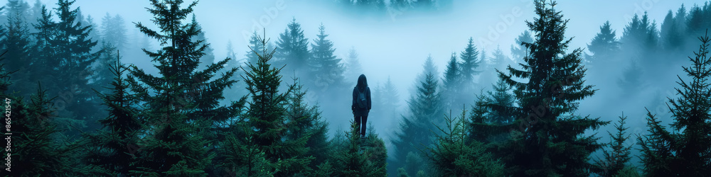 A lone person stands in a dense forest, shrouded in fog, with tall pine trees surrounding them A lone person stands in a dense forest, shrouded in fog, with tall pine trees surrounding them