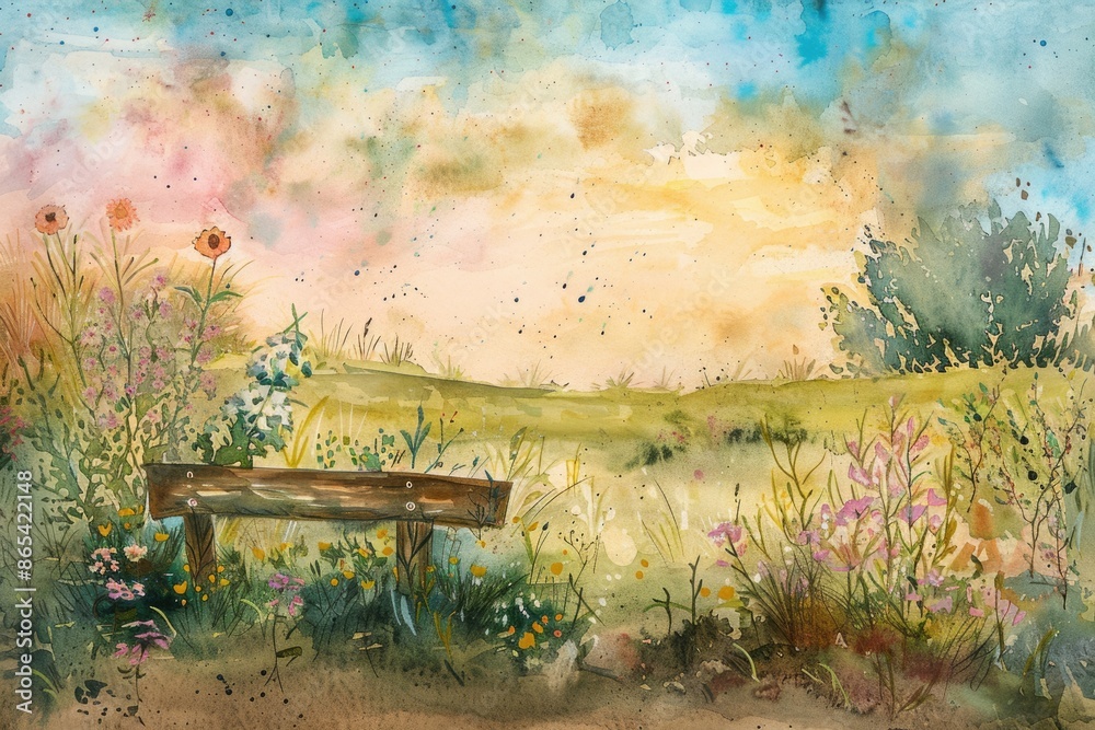 Obraz premium Rustic Pasture View. Floral Meadow Landscape with Wooden Plank Background