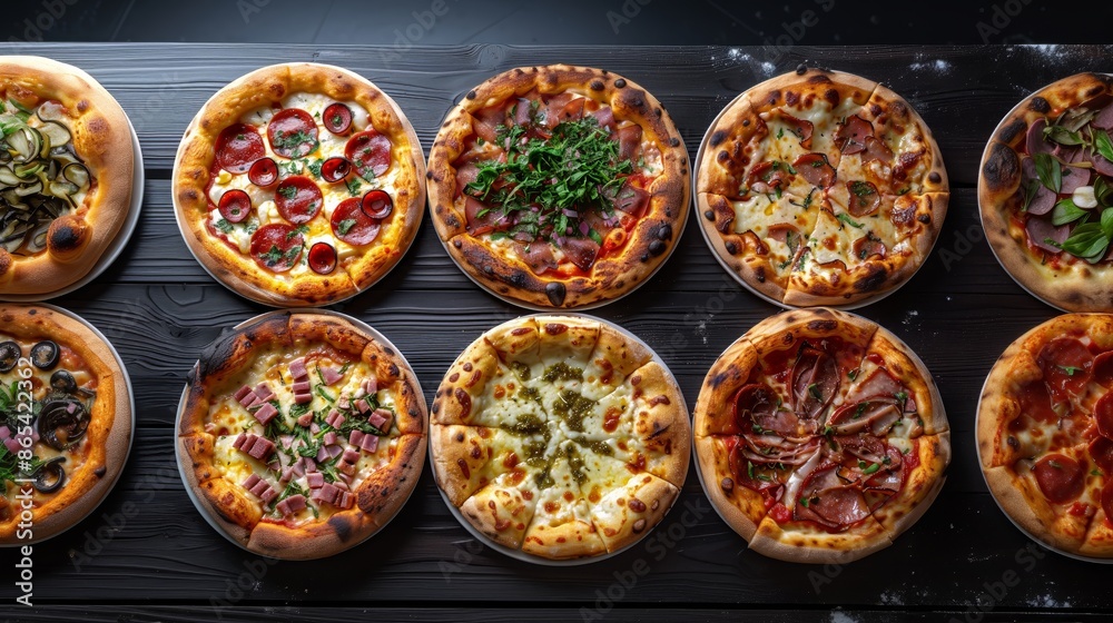An assortment of different pizzas with various toppings such as pepperoni, mushrooms, green peppers, and fresh basil on a light-colored surface. Perfect for menus or food-related advertising.