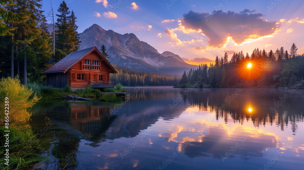 A rustic cabin by the lake with its reflection at sunset A rustic cabin by the lake with its reflection at sunset