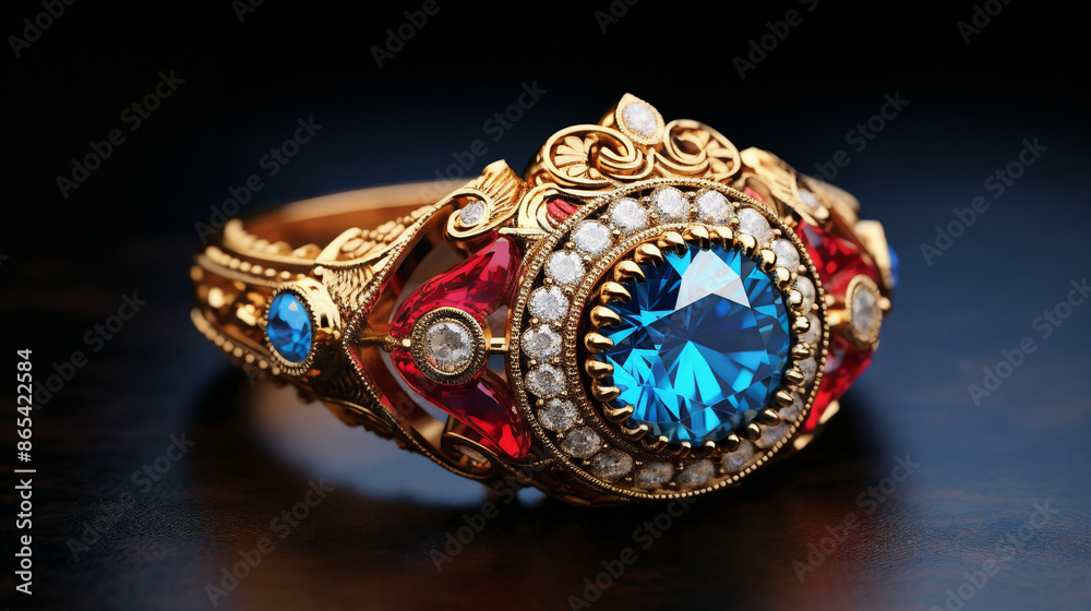 a fancy ring with a blue and red stone surrounded by smaller stones and diamonds on a black surface with a black background a fancy ring with a blue and red stone surrounded by smaller stones and diamonds on a black surface with a black background