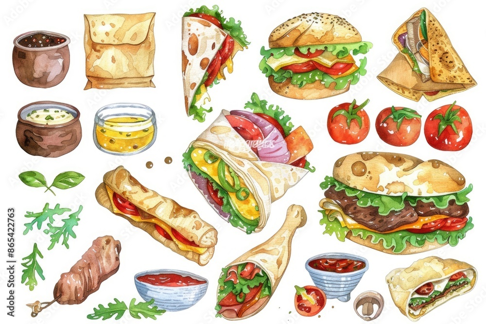 Watercolor Doner Kebab Ingredients Set with Fresh Vegetables and Tasty Meat, Hand-Drawn Illustration on White Background Watercolor Doner Kebab Ingredients Set with Fresh Vegetables and Tasty Meat, Hand-Drawn Illustration on White Background