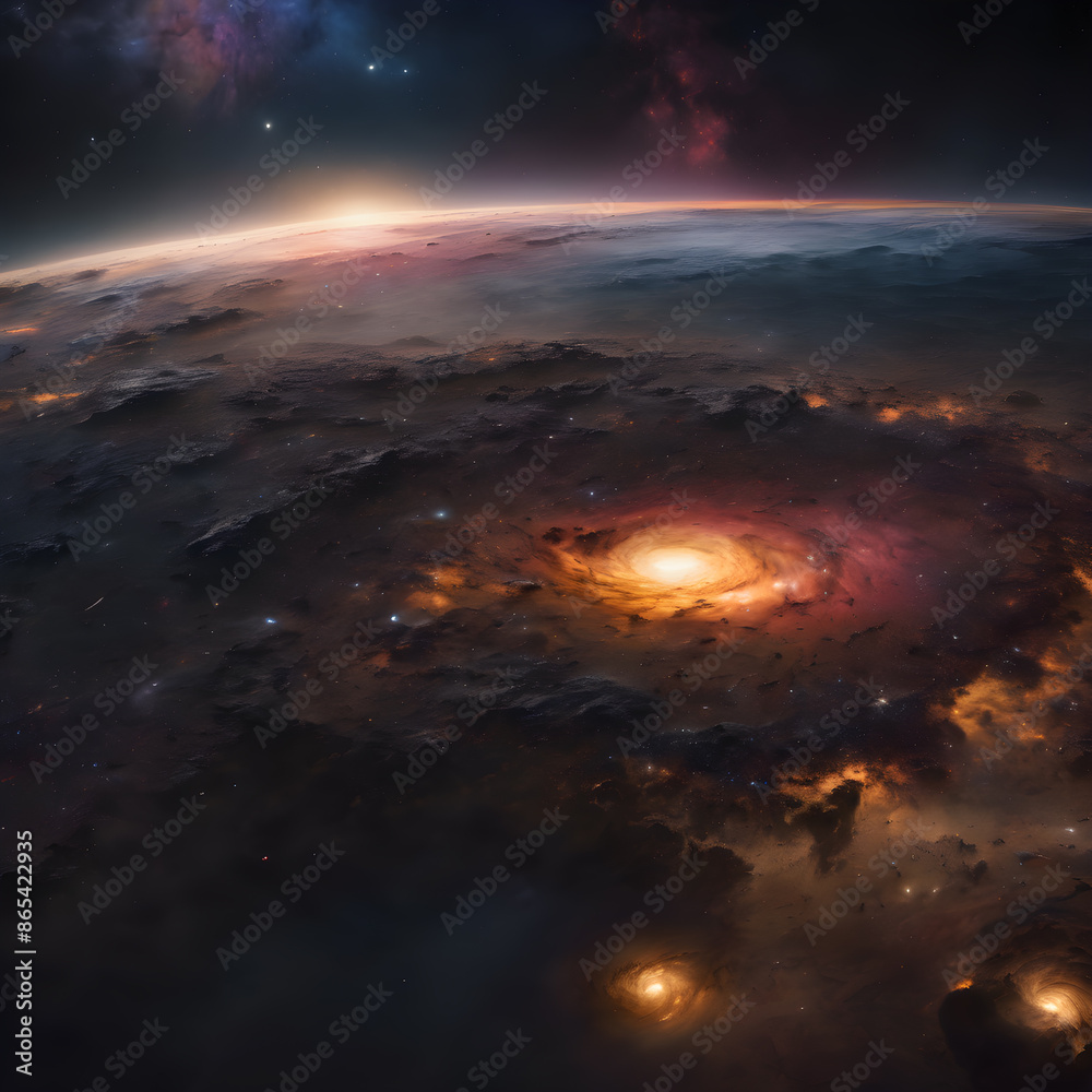 Fototapeta premium View from space to a spiral galaxy and stars. Universe filled with stars, nebula and galaxy.