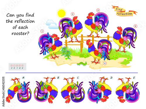 Logic puzzle game for children and adults. Can you find the reflection of each rooster? Brain teaser book. Developing kids spatial thinking. Task for attentiveness. Vector illustration.