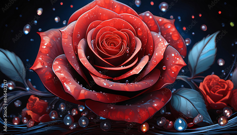 A bright red rose on a black background with drops of water A bright red rose on a black background with drops of water