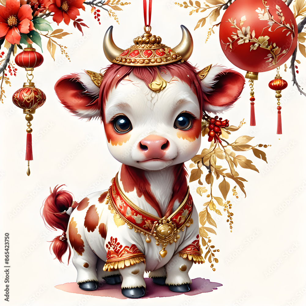 Watercolor clip art a cute baby Chinese clothing cow red gold ornaments twelve chinese zodiac on a white isolated background Watercolor clip art a cute baby Chinese clothing cow red gold ornaments twelve chinese zodiac on a white isolated background