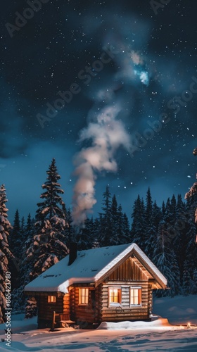 Serene Winter Hideaway: Cozy Cabin in Snowy Pine Forest with Chimney Smoke & Starlit Sky