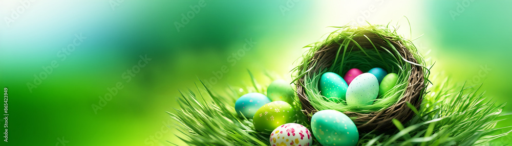 Ostern Dekoration bunte Ostereier Eier in Nest aus Moos Gras heller Hintergrund als Banner für Produktplatzierung mit warmen Frühling Sonnenstrahlen leuchtend frisch grün leicht festlich dekorativ Ostern Dekoration bunte Ostereier Eier in Nest aus Moos Gras heller Hintergrund als Banner für Produktplatzierung mit warmen Frühling Sonnenstrahlen leuchtend frisch grün leicht festlich dekorativ